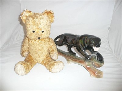 Lot 170 - A lustre figure of a black panther stamped 'Jemma Holland' and an English plush jointed teddy bear