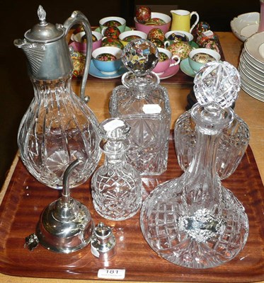 Lot 181 - A claret jug, four glass decanters, wine funnel and stopper