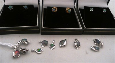 Lot 183 - Three pairs of opal triplet earrings and ten opal triplet pendants