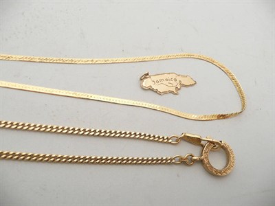 Lot 189 - A necklace stamped '750' to the clasp, another necklace stamped '14kt' and a Jamaica pendant...