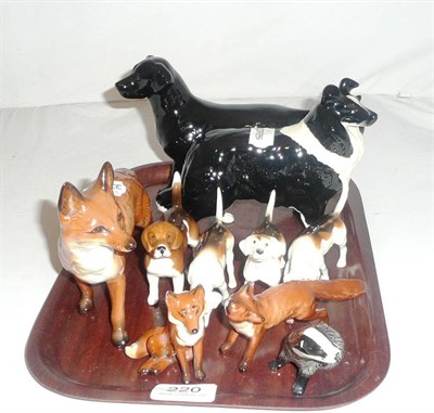 Lot 220 - Three Beswick foxes, three foxhounds, beagle, labrador, sheepdog and a badger