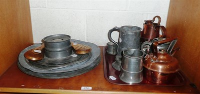 Lot 250 - Three early pewter chargers, two smaller plates, two Capstan inkwells, six measures, two copper...
