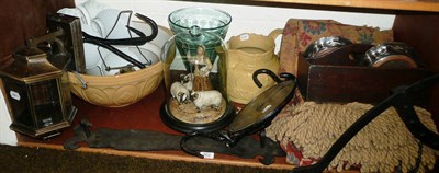 Lot 262 - Pottery model of a shepherdess under a glass dome, cutlery tidy, two plated coasters, a lamp, green