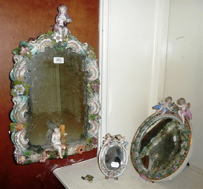Lot 263 - Meissen encrusted mirror and three Dresden mirrors, all damaged