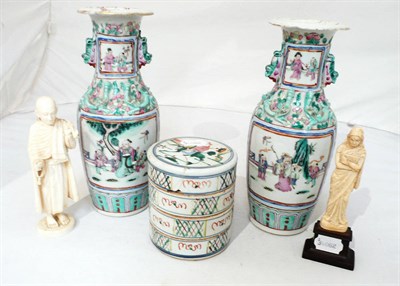 Lot 268 - Two 19th century Chinese vases, sectional jar and two carved figures