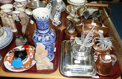 Lot 295 - Three trays of brass and copper, plated entree dish, ceramics, etc