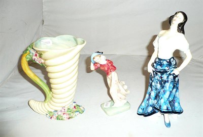 Lot 301 - A Doulton figure, Carmen HN 2545 and another Windflower HN 2029 and a Clarice Cliff jug (a.f.)