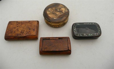 Lot 318 - Four various snuff boxes, two burr wood, one papier mache, and one hardstone, mounted