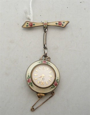 Lot 326 - A lady's brooch/fob watch, by Ciro, circa 1950, the watch enamelled back and front, and the bow...