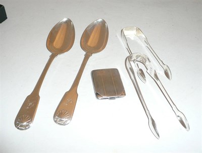 Lot 327 - Pair of Georgian tablespoons, a pair of silver sugar tongs and a vesta