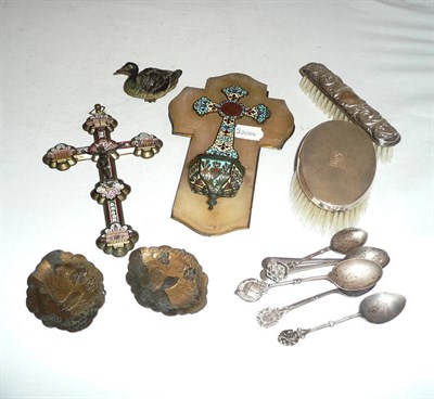 Lot 331 - Cold-painted bronze goose, silver-backed brushes, six silver teaspoons, micro-mosaic inlaid...