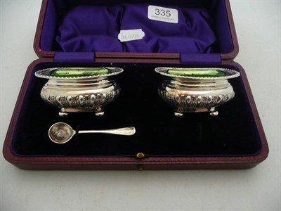 Lot 335 - Pair of silver salts with green glass liners and one spoon