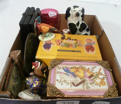 Lot 339 - Russian porcelain jewellery box and assorted small pottery items, puppet and small pictures