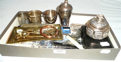 Lot 345 - Small items of silver and plated ware including a Burmese box and cover, christening mug, flatware