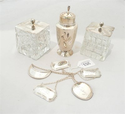 Lot 353 - Silver caster, a pair of silver lidded preserve jars and five silver decanter labels