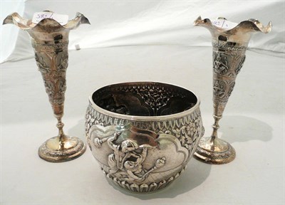 Lot 382 - Pair of white metal vases and a bowl