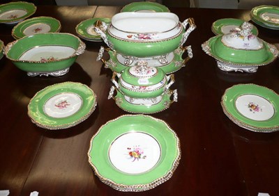 Lot 387 - 19th century floral-painted green border dinner service