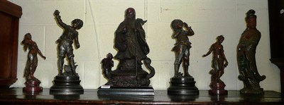 Lot 398 - Composition figure of a Buddha, a pottery figure and two pairs of spelter figures