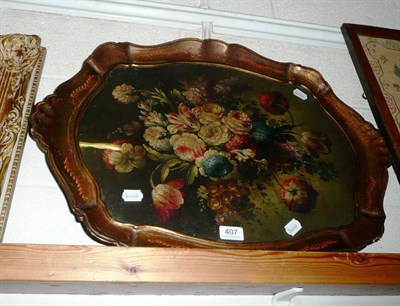 Lot 407 - Painted glazed tray, still life of flowers