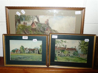 Lot 414 - Watercolour of a cottage scene, watercolour of Wilsford Old Hall 1916 and a watercolour of...