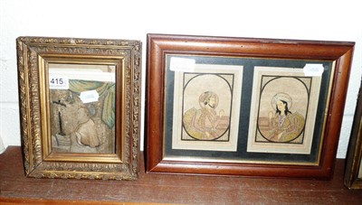 Lot 415 - Possibly 18th century embroidered picture with religious subject matter and two Indian watercolours