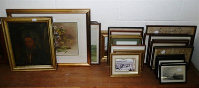 Lot 419 - 19th century fret cut mirror, watercolour of a still life of flowers by M Bagshaw, oil on panel...