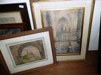 Lot 421 - A framed and glazed watercolour of a cathedral interior and a watercolour of Byland Abbey,...