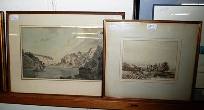 Lot 431 - Grisaille - river gorge with sailboat and a Grisaille watercolour - fisherman beside a rustic fence