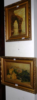 Lot 449 - Pair of watercolours of flowers in a vase (indistinctly signed) and two oils on canvas (4)