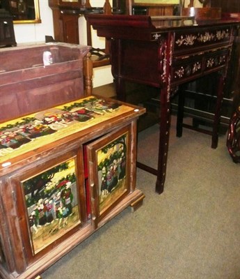 Lot 496 - Laos hand-painted two door cabinet and a mother-of-pearl inlaid cabinet with pull out drawer