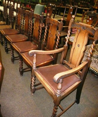 Lot 555 - Set of five (4 + 1) oak barley twist dining chairs