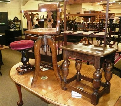 Lot 608 - A Victorian rosewood revolving piano stool, an oak adjustable child's chair and an oak stool