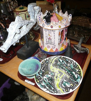 Lot 1 - Various Studio ceramics, a glass scent bottle, glass unicorn and a small metal figural frame