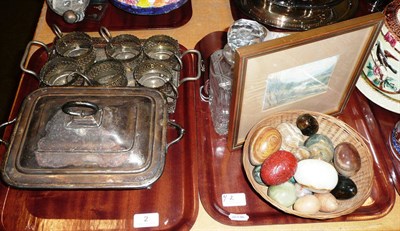 Lot 2 - Miscellaneous items including plated breakfast dish, glass holders, stone eggs, a geode, lyre...