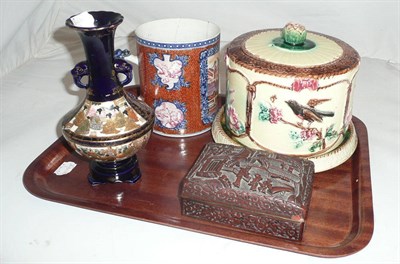Lot 3 - A Chinese mug, stilton jar and cover, satsuma vase, white metal enamel buttons, a watch and a...