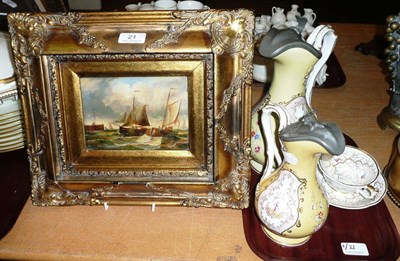 Lot 21 - Two James Dixon, Sheffield ewers - one with cracked handle, a reproduction oil, and a...