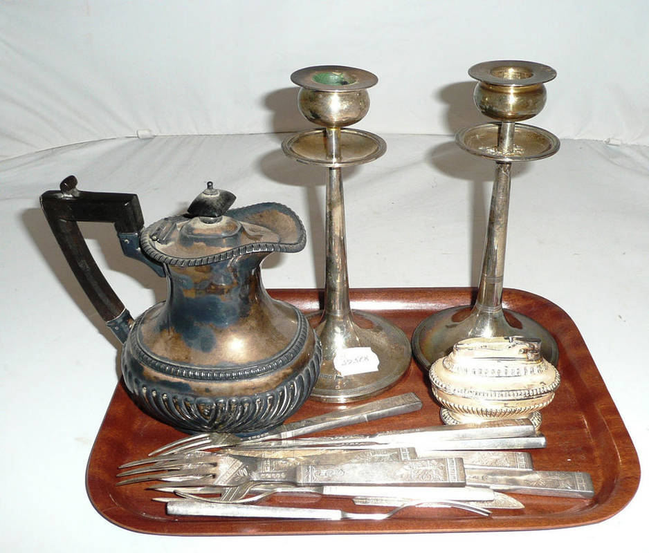 Lot 25 - A pair of silver candlesticks, silver jug, silver flatware and a Ronson lighter