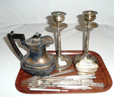 Lot 25 - A pair of silver candlesticks, silver jug, silver flatware and a Ronson lighter