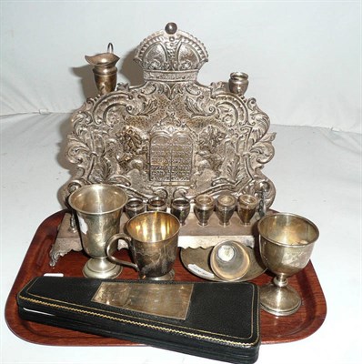 Lot 35 - Small silver dish, similar silver mug, small pedestal cup, plated pieces, presentation case and...