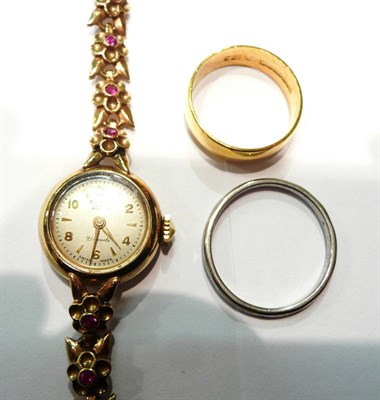 Lot 50 - A 9ct gold wristwatch, 18ct gold wedding band and a platinum wedding band