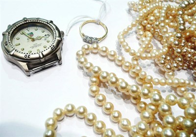 Lot 51 - A diamond three stone ring, assorted bead necklaces, a Tag watch (a.f.) etc