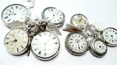 Lot 64 - Four silver fob watches, two other fob watches, and one silver pocket watch and a pocket watch...