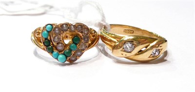 Lot 74 - A double snake head diamond set ring stamped '18CT' and a 15ct gold turquoise and seed pearl double