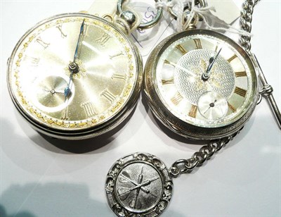 Lot 78 - Two silver open faced pocket watches and a silver chain with silver darts medal