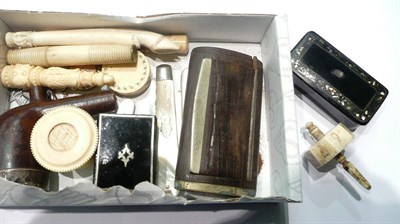 Lot 83 - Three silver fruit knives, gaming top, snuff boxes, a locket, etc