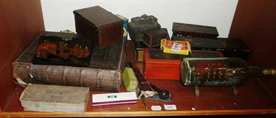 Lot 121 - A leather and brass bound Holy bible, two early 20th century lacquered boxes, tea caddy, tins,...