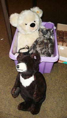 Lot 125 - Modern Steiff teddy bear of long white mohair, 60cms; black Steiff bear, 30cms; black and grey...