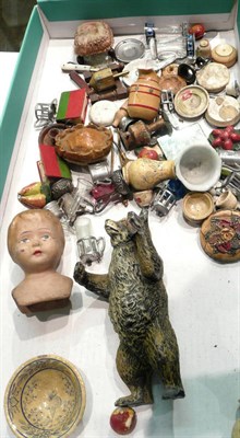 Lot 132 - A box including cold painted spelter figure of a bear, miniature China, etc