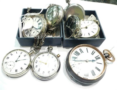 Lot 133 - A large gun metal pocket watch, single push chronograph pocket watch, plated pocket watch...