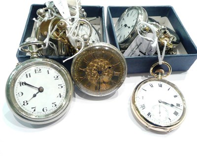 Lot 143 - Nine plated pocket watches (two movements stamped Omega and Rolex) and three plated chains (12)